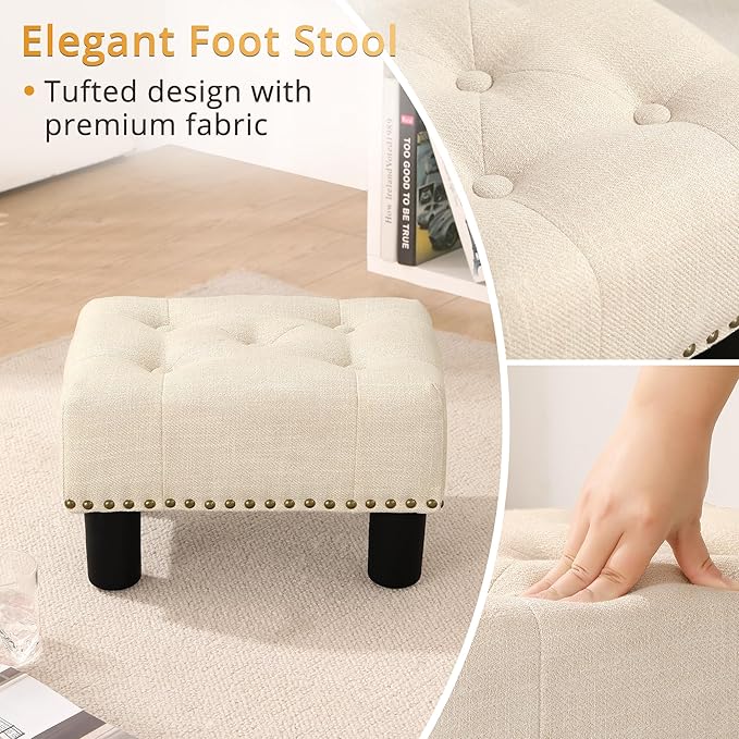 LUE BONA Small Tufted Foot Stool, Beige Linen Rivet Tufted Footrest with Plastic Legs, 9''H, Rectangle Foot Stools for Adult with Non-Slip Pads, Sofa Footstool for Living Room, Couch