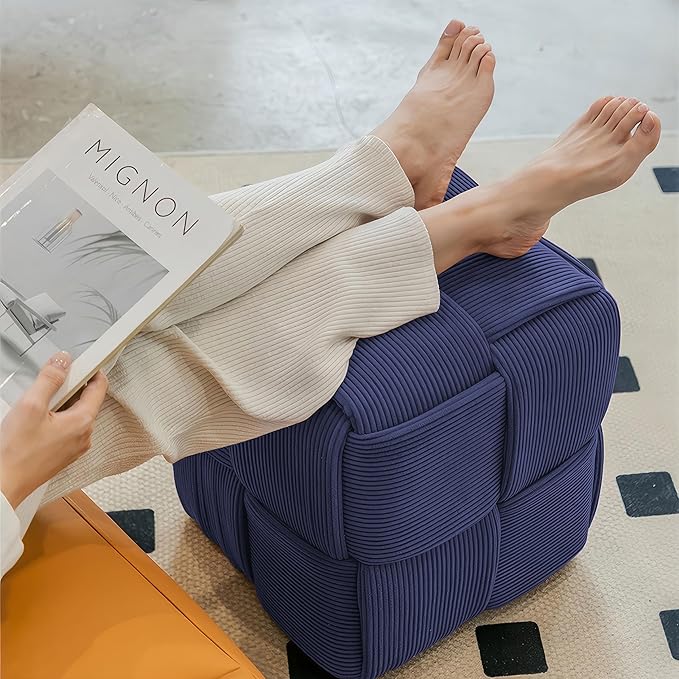 Ottoman Foot Rest Soft and Comfortable Ottoman Square Corduroy Woven Design Sofa Stool (Blue)