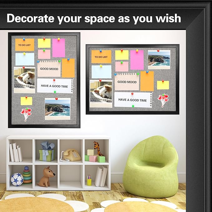 SHANTRA 24 x 18 Inch Bulletin Board with Grey Fabric, Wood Framed Canvas Cork Board, Corkboard for Walls with 10 Pins, Decorative Vision Board, Wall Mounted Notice Board for Home, Office, School