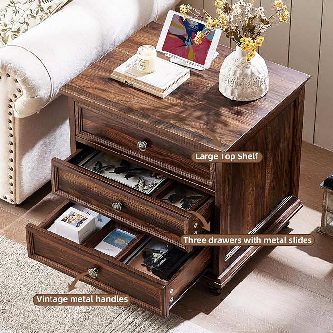 24" Wide Farmhouse Night Stand Set of 2,Large End Table with 3 Drawers & Metal Handle,Brown Wood Dresser for Bedroom Cabinet, Bed Side Table Chest of Drawers,Nightstand for Living Room,Closet