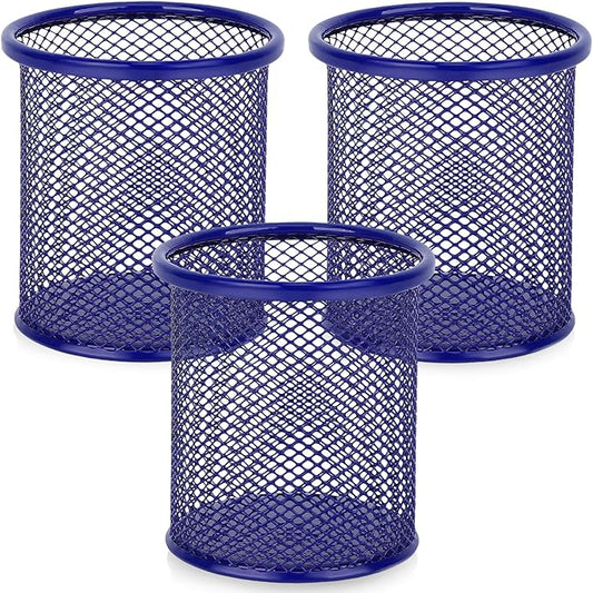 Segarty Pen Cup, 3 Pack Round Cute Dark Blue Pen Holder for Desk, Wire Mesh Pencil Holder Container Set, Desktop Organizer for Office Supplies, Maker, School, Home Storage, Makeup Brush