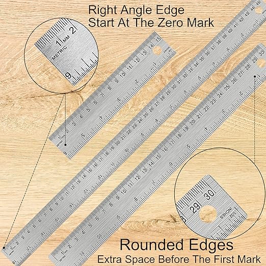 Metal Ruler Set [6+12+18 Inch] – Stainless Steel Rulers with Cork Backing, Non-Slip Measuring Tools with Inch & Centimeter Markings, Drafting and Office Use, Prevents Ink Leakage