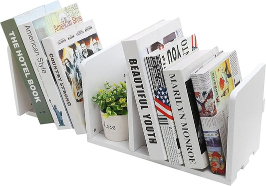 MyGift White Wood Desktop Bookshelf Organizer, Expandable Adjustable Display Shelf Book Rack