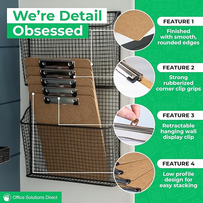 Letter Size Clipboards with Low Profile Clip (Set of 5) - Wood Clipboards Bulk 5 Pack, Heavy Duty Clipboard, Back to School Teacher Classroom Supplies, School Supplies for College Students