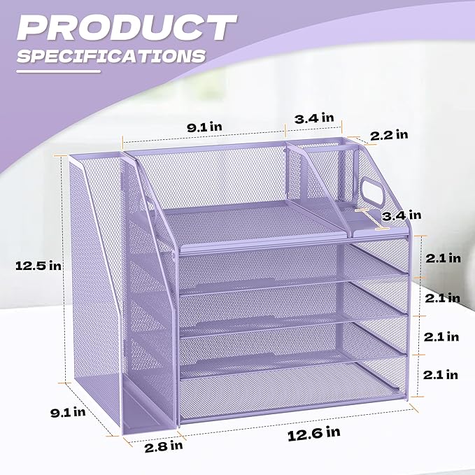 DocNest 5 Tier Paper Letter Tray File Organizer, Mesh Desk File with Handle, Workspace Desk Organizers with Pen Holder, Office Organization Storage Accessories - Purple