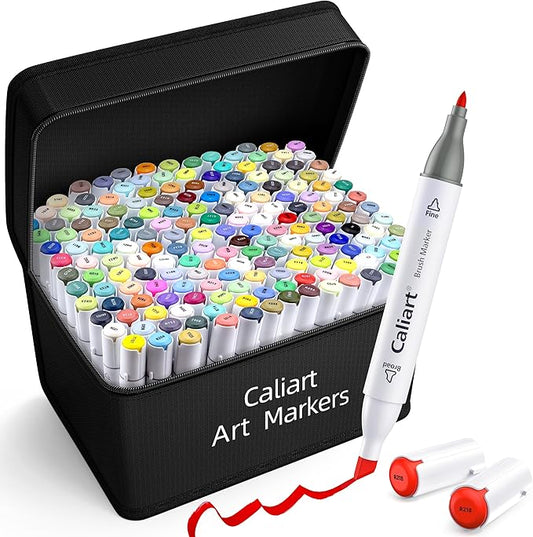 Caliart 180 Colors Fine & Chisel Alcohol Markers for Adult Coloring Book, Dual Tip Artist Sketch Art Markers, Aesthetic Cute Preppy Stuff School Supplies, Pens for Lettering Drawing Cards Planner