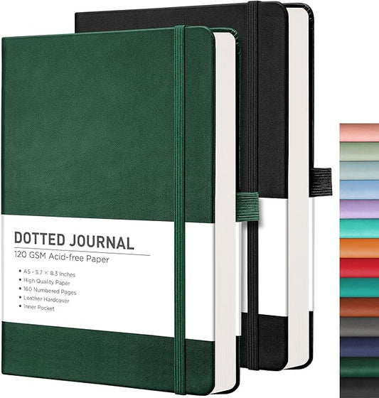 RETTACY Bullet Dotted Journal Notebook, 2-Pack, 160 Numbered Pages per Pack, A5 Medium Size (5.7'' x 8.3''), 120 GSM Thick Paper, Leather Hardcover, for Bullet Journaling (Black & Dark Green)