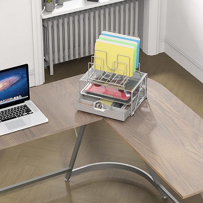 DecoBrothers Desktop File Organizer with Double Tray and 5 Folder Stand, Silver