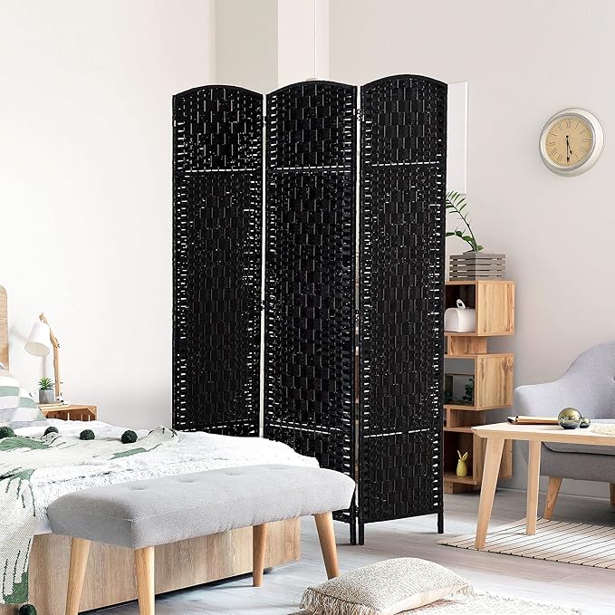 NicBex Room Divider 3 Panel Room Dividers with Wicker Weave Design Partition Room Dividers and Folding Privacy Screens 6 FT Wall Divider for Office, Room Separation,53.25"W x 0.75"D x 70.75"H, Black