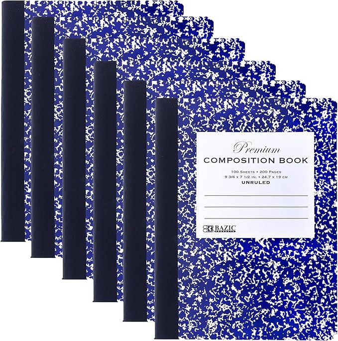 BAZIC Composition Book Blue Marble Unruled Ruled 100 Sheet Notebook, Blank Page Journal Comp Notebooks for School, 6-Pack
