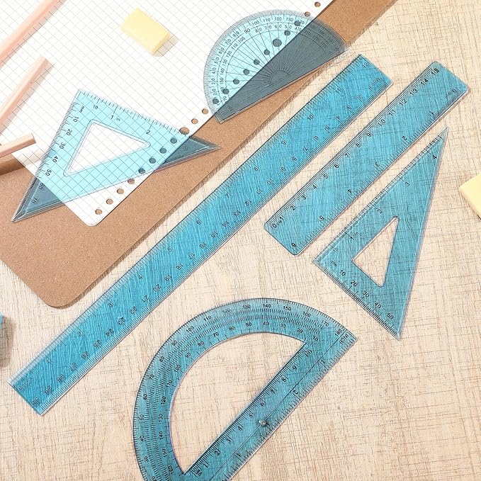 Tenare 1 Set Plastic Clear Math Set Includes Protractor Triangle Rulers 12 Inch 6 Inch Straight Geometry Math Transparent Ruler Measuring Tool for School Office Home Supplies(Blue)