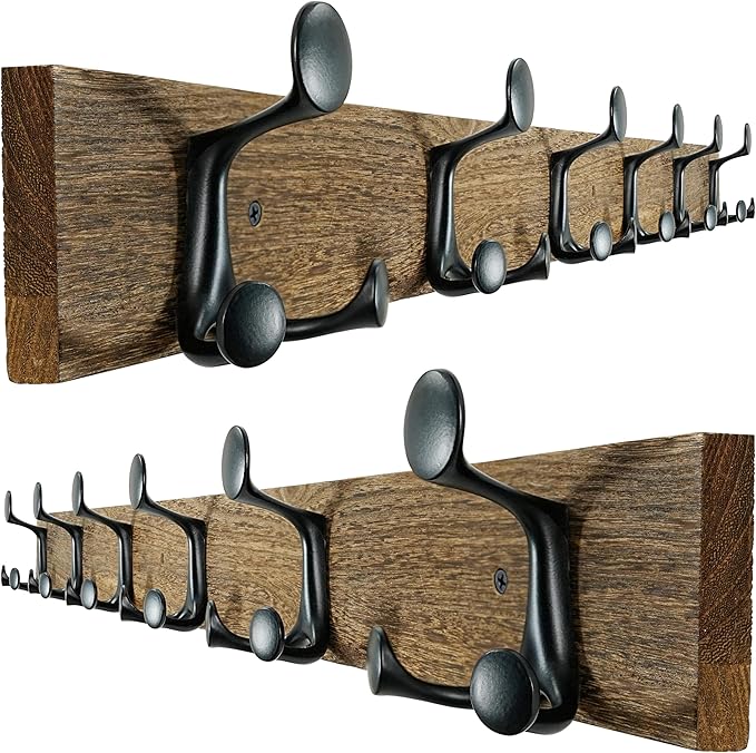 SKOLOO 39-Inch Wood Burnt Coat Rack Wall Mount with 6 Triple Hooks - Ideal for Family Entrances, Classrooms, and Pet Supplies Storage - Perfect Coat Hooks for Wall, Pack of 2