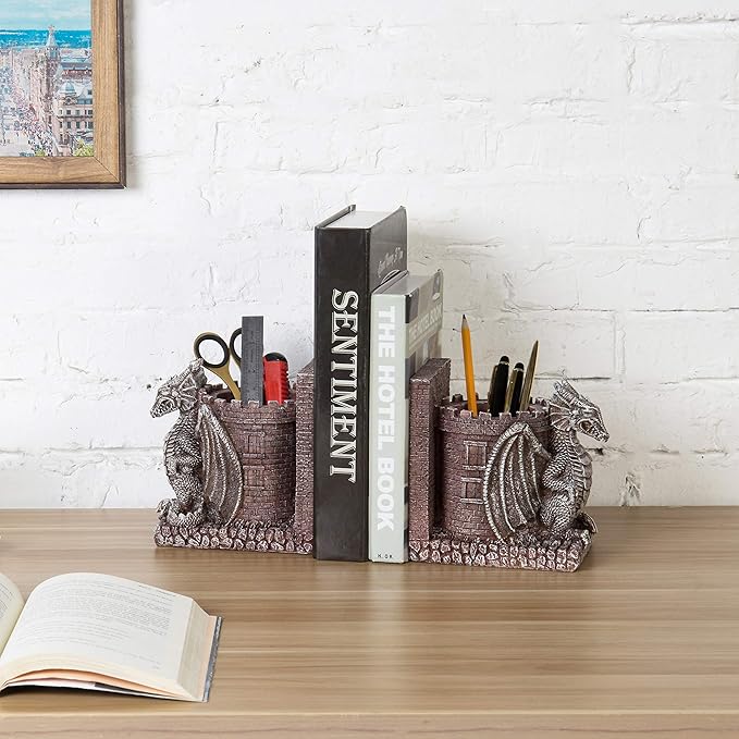 MyGift Dragon Guard Castle Resin Decorative Bookends for Heavy Books with Pencil Holders, Fantasy Themed Book Holder for Home and Office