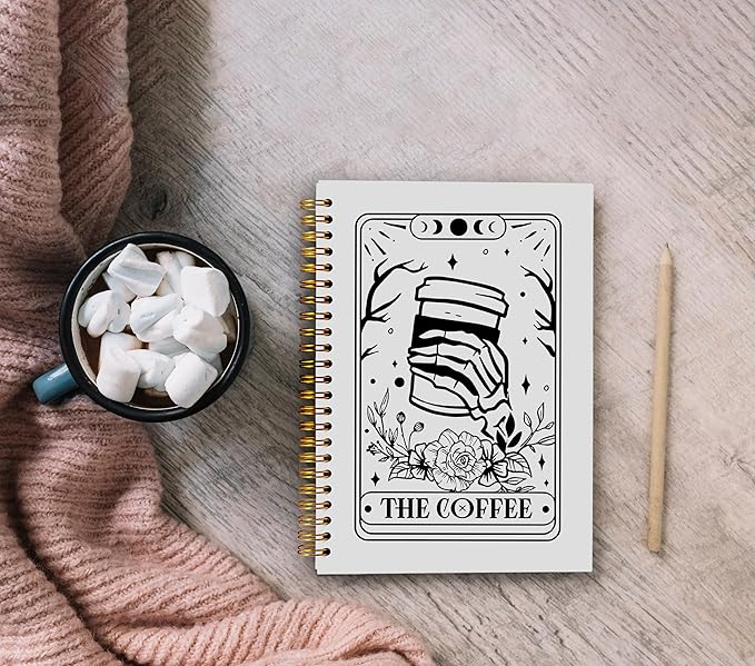 The Coffee Tarot Journal Notebook - Coffee Lover Gifts, Tarot Lover Gifts, Gothic Goth Skeleton Notebook, Witchy Journal, Witchy Gifts, Gothic Office Supplies, Spiral Notebook 5.5x8.3