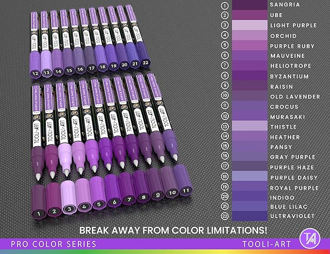 Acrylic Paint Pens 22 Purple Tones Assorted Pro Color Series Markers Set 0.7mm Extra Fine Tip for Rock Painting, Glass, Mugs, Wood, Metal, Canvas, Projects, Non Toxic, Waterbased, Quick Drying