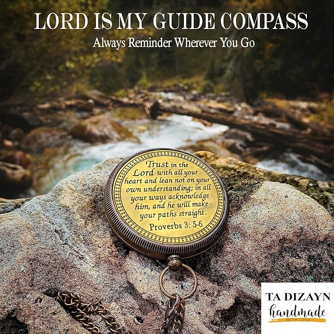 Trust in The Lord With All Your Heart - Proverbs 3:5-6 Quote Engraved Compass With Wooden Box, Greeting Card, Gift Compass, Graduation Day Gifts 2024 for Women Men Boys Girls