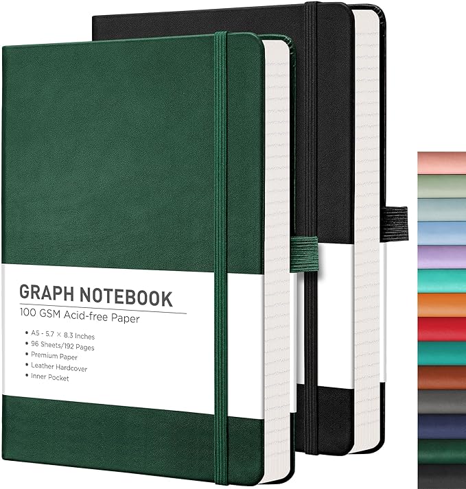 RETTACY Graph Grid Paper Notebook, 2-Pack, 192 Pages per Pack, A5 Medium Size (5.7'' x 8.3''), Leather Hardcover, 100 GSM Thick Paper, for School, Students, Math, Engineering (Black & Dark Green)
