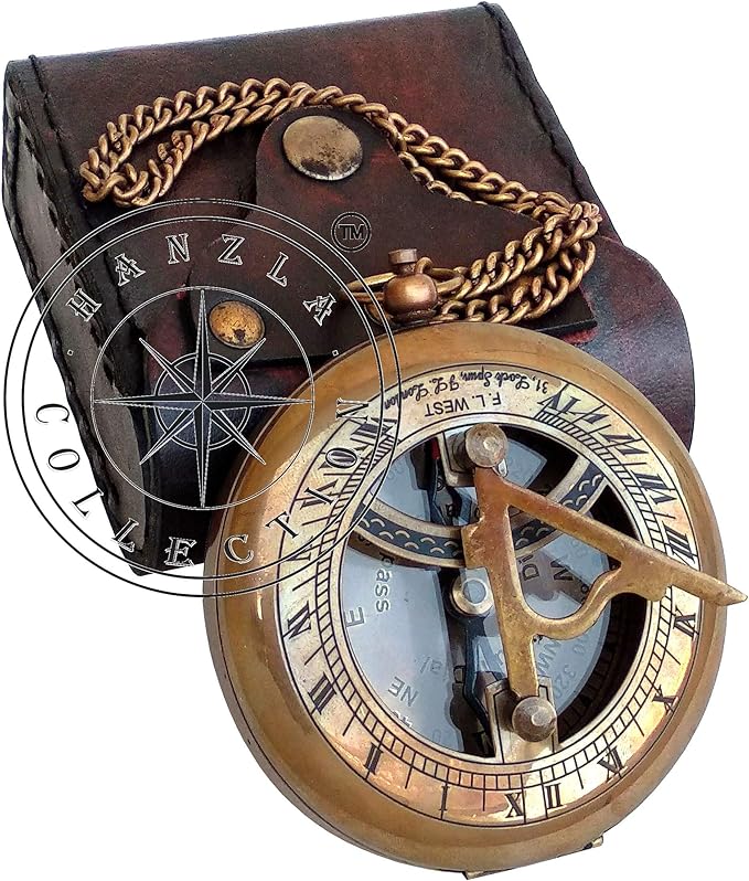 Brass Sundial Compass with Leather Case and Chain - Push Open Compass - Steampunk Accessory - Beautiful Handmade Gift - Nautical Sun Clock