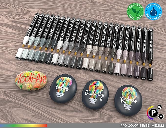 TOOLI-ART 22 Acrylic Paint Markers Paint Pens Pro Color Series Set 3mm Medium Tip for Rock Painting, Glass, Mugs, Wood, Metal, Glass Paint, Canvas, DIY. Non Toxic, Waterbased, Quick Drying (GRAYS)