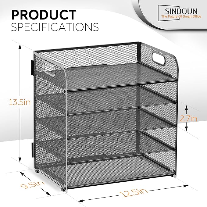 Letter Tray Paper Organizer 5-Tier Desk Organizer File Organizer Paper Holder with Handle, Metal Desktop Document Shelf Tray Office Classroom Organization - Black