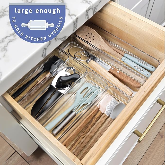 Six Pcs. Plastic Clear Drawer Organizers. Stackable Storage Trays for Kitchen Utensils and Silverware. 2 Sizes. Stackable