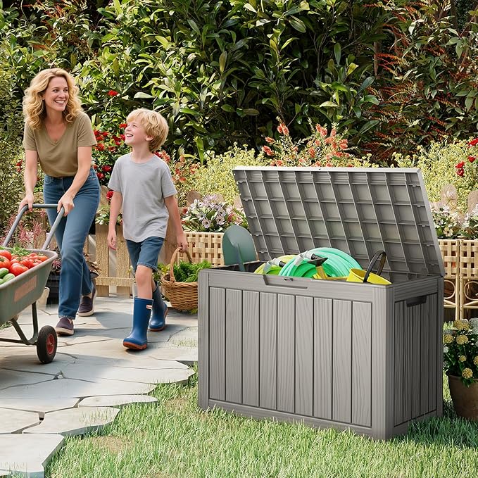 Outdoor Storage Box, 50 Gallon Waterproof Resin Deck Box, Storage Bin for Package Delivery, Patio Furniture Cushion, Garden Tools, Pool Accessories, Weatherproof and UV Resistant, Grey