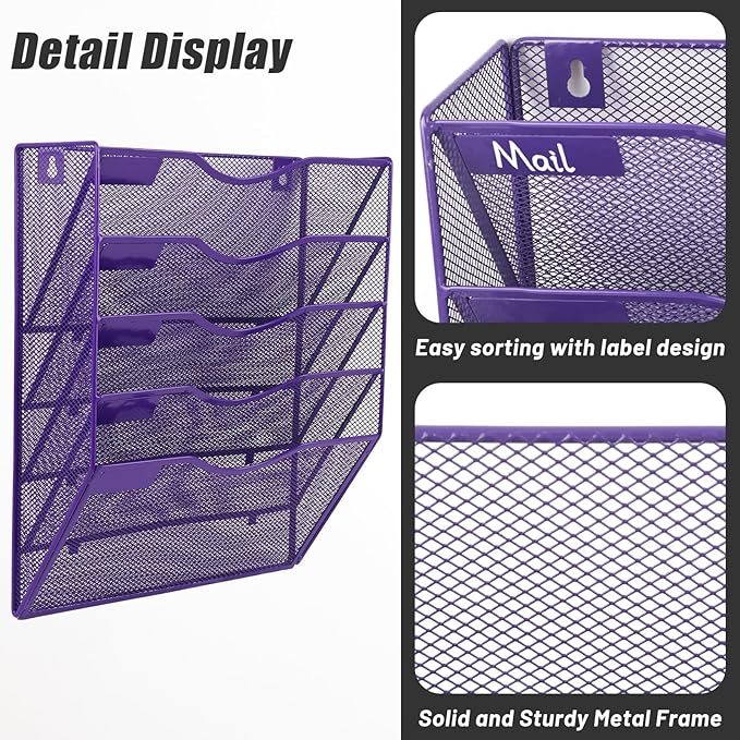 EASEPRES 5 Pocket Mesh Hanging Wall File Organizer, Wall Mounted Mail Paper Document Folder Holder, Clipboard Storage Organization Magazine Rack with Nametag Label for Office Home School, Purple