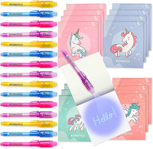 BONNYCO Invisible Ink Pen and Notebook Pack 16 Unicorn Party Favors for Kids, Magic Spy Pen Goodie Bags Stuffers for Kids, Unicorn Birthday Party Supplies, Goody Bag Stuffers | Return Gifts Prizes
