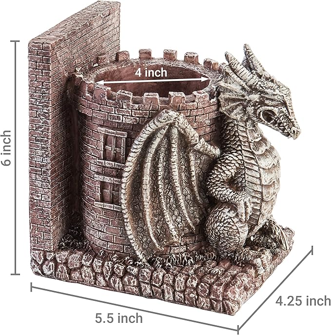 MyGift Dragon Guard Castle Resin Decorative Bookends for Heavy Books with Pencil Holders, Fantasy Themed Book Holder for Home and Office