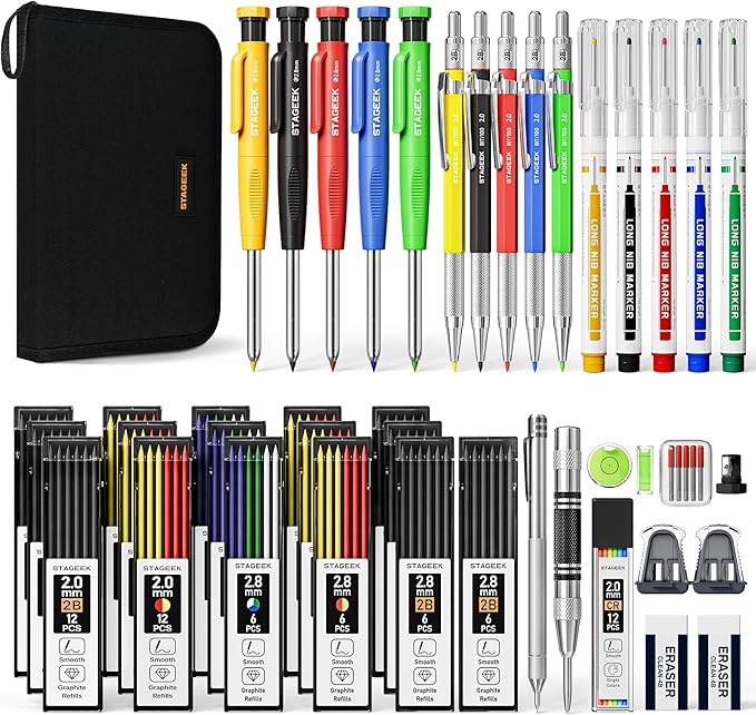 49 Pack Carpenter Pencil Set with Sharpener, Carpenter Pencils with Deep Hole Long-Nib Marker Pens, Carbide Scribe Tool & Construction Pencil for Architect Woodworking with Case