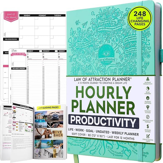 Hourly Planner – Undated Weekly & Monthly Goal Setting Planner, 12-Month to Increase Productivity | Life & Gratitude Journal, Include Foldable Vision Board, Gift Box & Stickers
