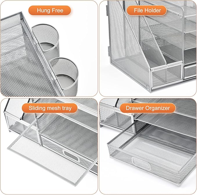 Marbrasse Desk Organizer with File Holder, 5-Tier Paper Letter Tray Organizer with Drawer and 2 Pen Holder, Mesh Desktop Organizer and Storage with Magazine Holder for Office Supplies (Silver)