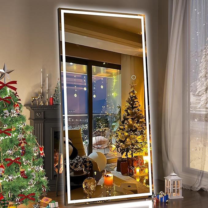 Hasipu Full Length Mirror with Lights, 79" x 32" LED Lighted Floor Standing Mirror, Full Body Dressing Hanging Mounted Mirrors, Dimmable, Tempered Glass, Safe to Use, Square Black