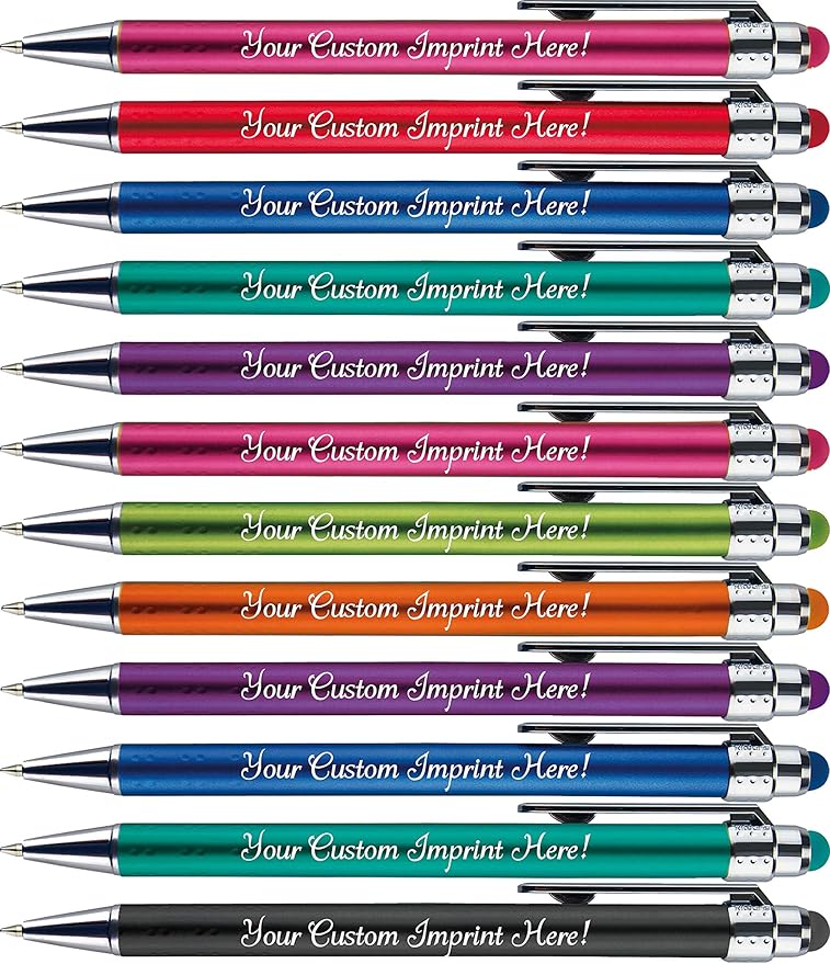 Personalized Pens with Stylus Tip -Bright Vibes- Click action - Custom - Black writing - Printed Name pens - Imprinted with Your Logo or Message - FREE PERSONALIZATION - 12 Pens/Box (Assorted)