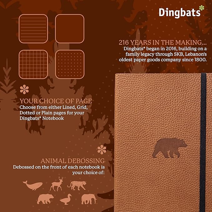 Dingbats* Wildlife Dotted Journal Notebook A5 - Vegan Leather Soft Cover, Ideal for Work, Travel - Pocket, Elastic Closure, Bookmark