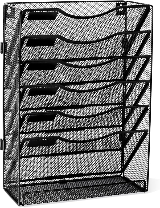 EasyPAG 7 Tier Wall File Holder with Flat Tray, Black | Easy Assemble Mesh Desk File Organizer | 6-Folder Paper Storage | Replaceable Classify Labels | Space Saving Mail Organizer for Office Home