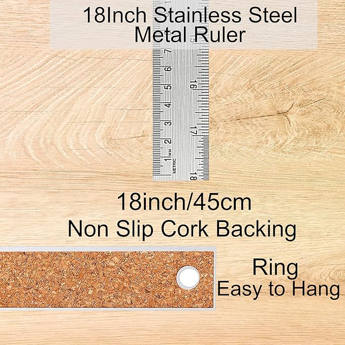 Metal Ruler 18 Inch: [1 Pieces 18 Inch] Non-Slip Cork Backing Rulers with Inch and Centimeters Prevent Ink Leakage:for School Office Drawing Engineering