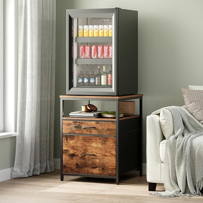 Mini Fridge Stand with 3 Storage, Mini Fridge Cabinet, Beverage Fridge Table, Heavy Duty 21.3" L* 22.7" W Tabletop, for Dorm, Apartment,Office, Bedroom Rustic Brown HB01BXN