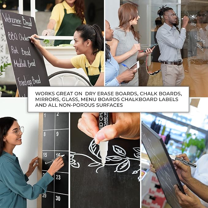Liquid Chalk Markers - 4 White Fine Tip Chalk Pens, Erasable, Non-Toxic, Water-Based, Kids & Adults - White Chalk Markers for Blackboard, Glass, Chalkboard Paint for Businesses, Restaurants