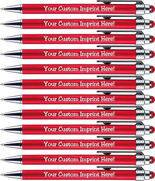 Personalized Pens with Stylus Tip -Bright Vibes- Click action - Custom - Black writing - Printed Name pens - Imprinted with Your Logo or Message - FREE PERSONALIZATION - 12 Pens/Box (Red)