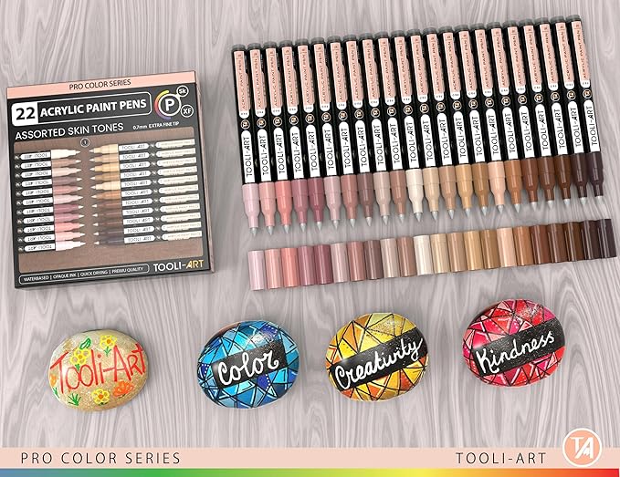 Acrylic Paint Pens 22 Skin Tones Assorted Pro Color Series Markers Set 0.7mm Extra Fine Tip for Rock Painting, Glass, Mugs, Wood, Metal, Canvas, Projects, Non Toxic, Waterbased, Quick Drying