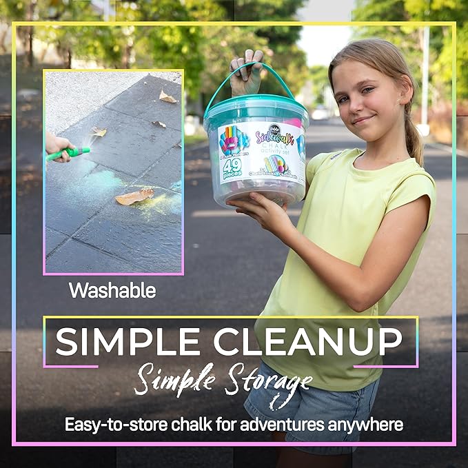 Loddie Doddie 49pc Sidewalk Chalk Bucket – Outdoor Activity Play Set for Kids, 31 Assorted Chalk Sticks, 4 Holders, 10 Ball Refills, 4 Stencils, Outdoor Water Play, Washable, Reusable Bucket