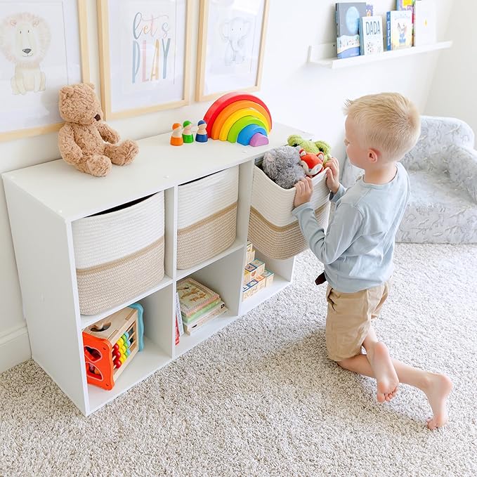 NaturalCozy Storage Cubes 11 Inch Cotton Rope Woven Baskets for Organizing, 3-Pack | Cube Storage Bin | Square Storage Baskets for Shelves Organizer, Classroom, Kids Toy Bins, Closet, Baby Nursery