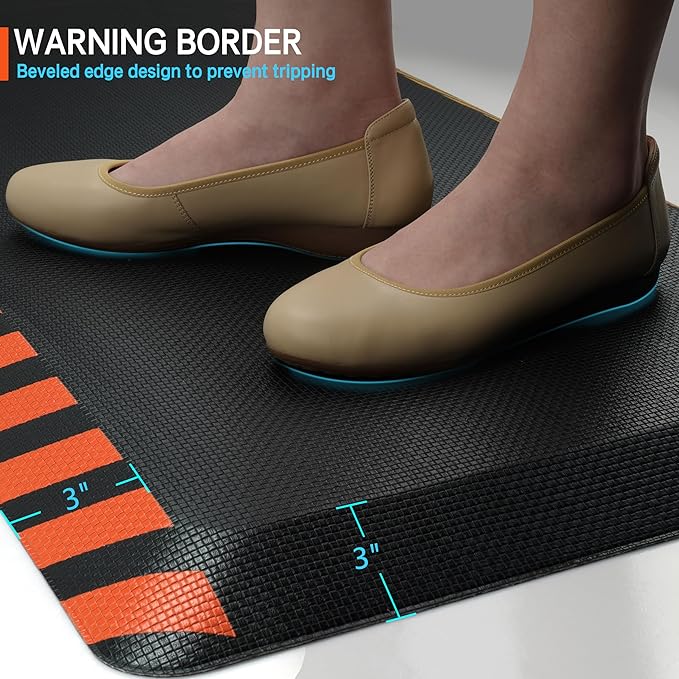 FEATOL Anti Fatigue Mat Industrial, Ergonomic Standing Floor Mat for Work for Stand, Black with Orange Border Safety 20" x 59"-Support for Leg & Back Pain
