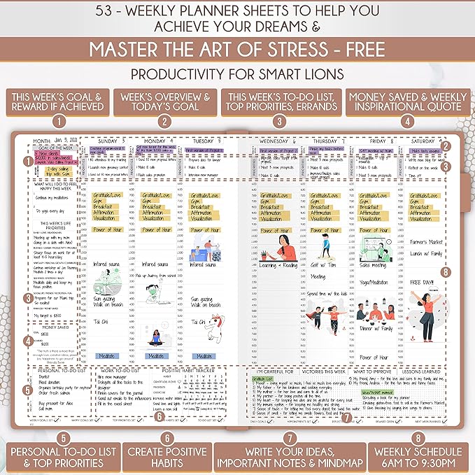 Hourly Planner - Undated Daily, Weekly & Monthly Planner with Budget Section | A 12 Month Journey to Increase Productivity & Happiness | Life Organizer & Gratitude Journal - Vertical Format