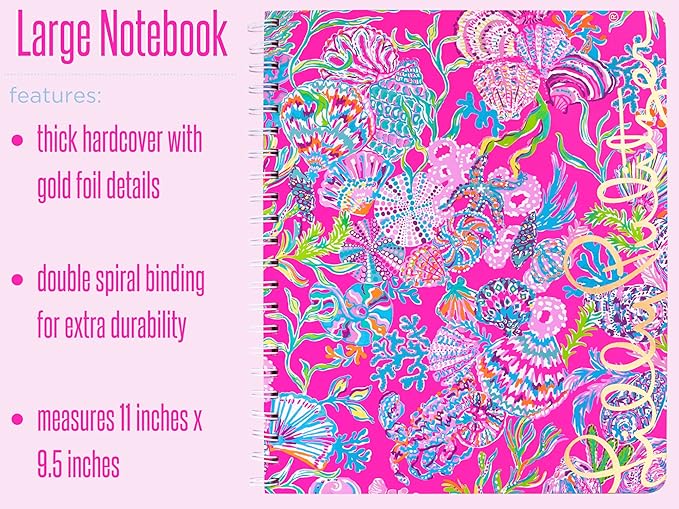 Lilly Pulitzer Large Pink Hardcover Spiral Notebook, 11" x 9.5" with 160 College Ruled Pages, Shell Me Something Good