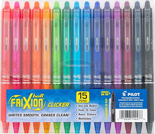 Pilot FriXion Erasable Gel Pens, Fine Point 0.7 mm Erasable Pens, Pack of 15 Assorted Colors