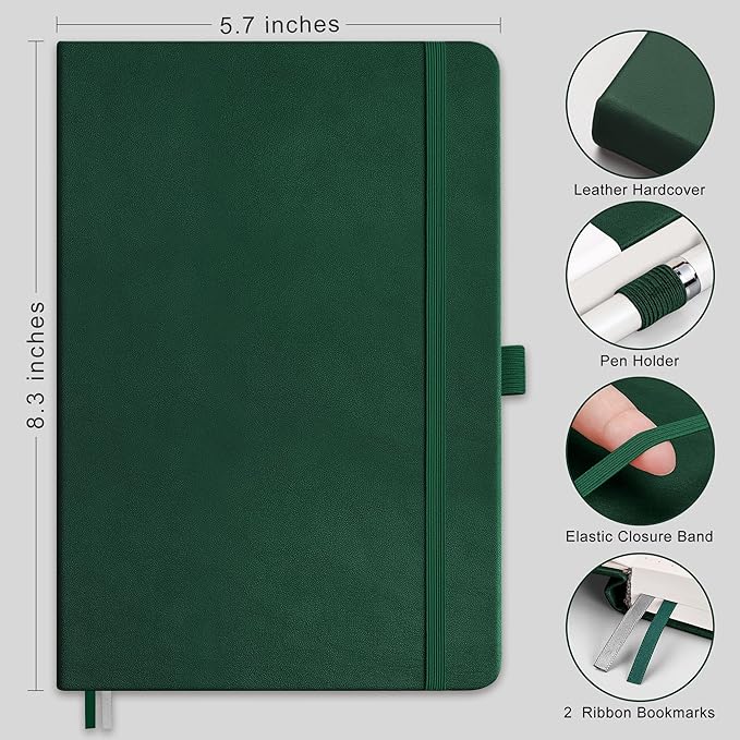 RETTACY Graph Grid Paper Notebook, 192 Pages, A5 Medium Size (5.7'' x 8.3''), 5 Squares per Inch, Leather Hardcover, 100 GSM Thick Paper, for School, Students, Math, Engineering (Dark Green)