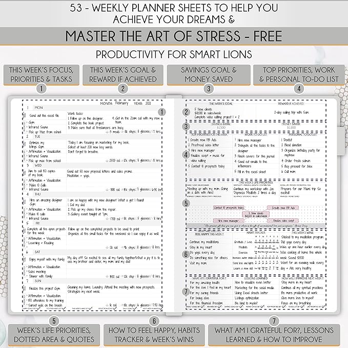 Life Planner - Undated Daily, Weekly & Monthly Planner with Budget Section | A 12 Month Journey to Increase Productivity & Happiness | Life Organizer & Gratitude Journal - Horizontal Format