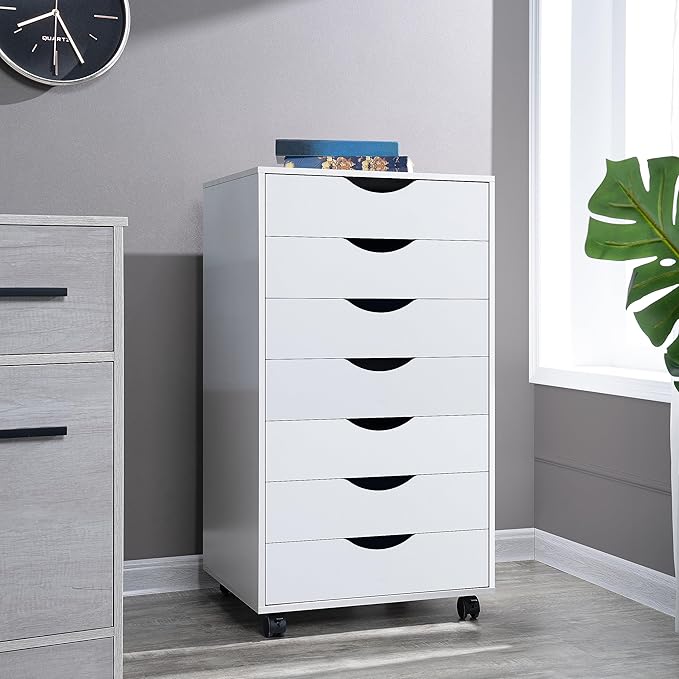 Naomi Home 7 Drawer Office Storage File Cabinet,Under Desk Cabinets for Home Office,Organization Filing Cabinet with Wheels,Printer Stand Storage,180 lbs Capacity – White(11272AM)